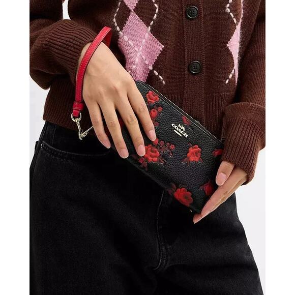 NWT Coach Long Zip Around Wallet With Floral Print CCL36 Black/Red - Picture 11 of 11